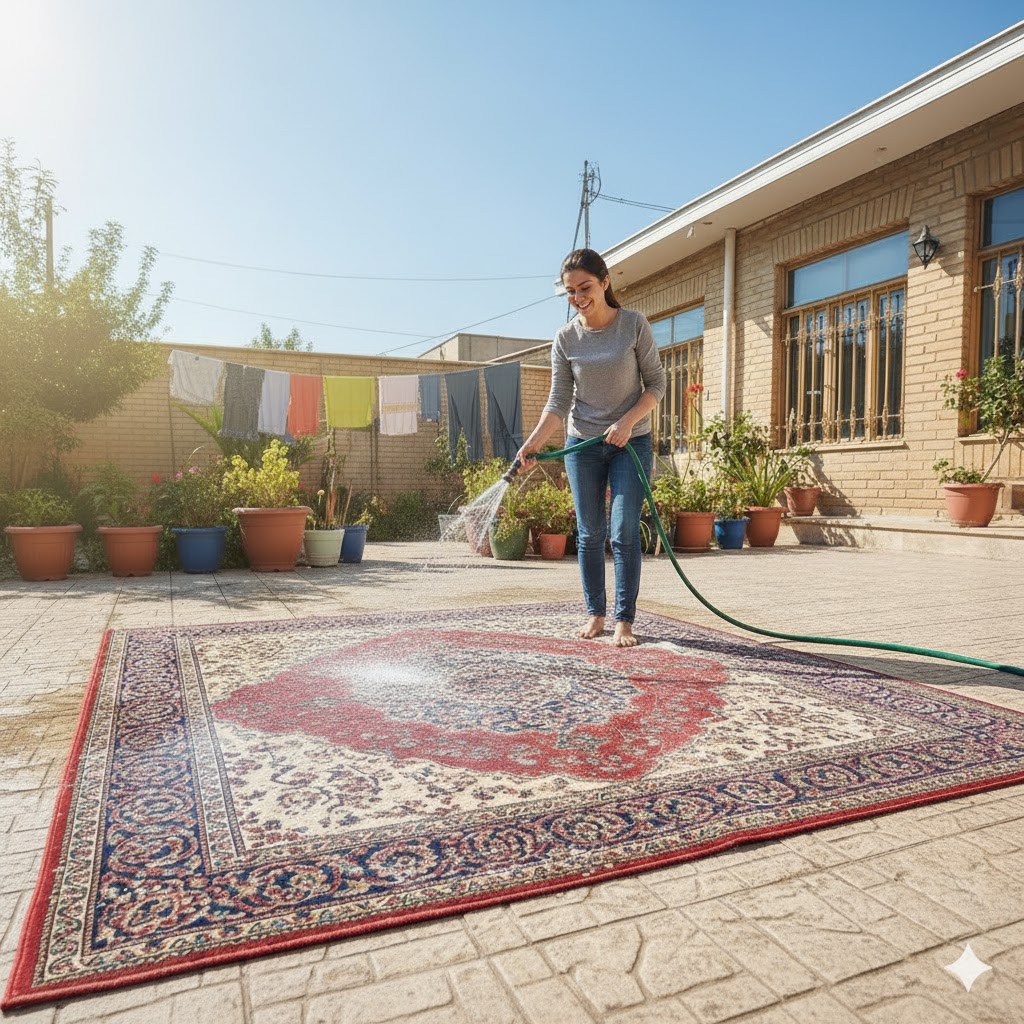 شستشوی کامل فرش ماشینی در خانه - آبکشی فرش در فضای باز